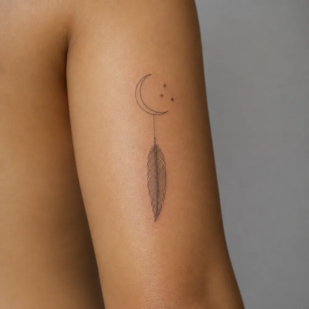 A small crescent moon with three stars and a feather hanging below it tattooed on the back of the upper arm on medium tan skin.