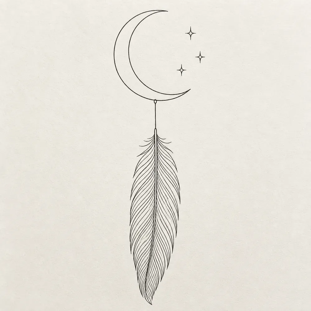 A thin crescent moon with three small four-pointed stars beside it and a slender feather hanging below on a fine thread.