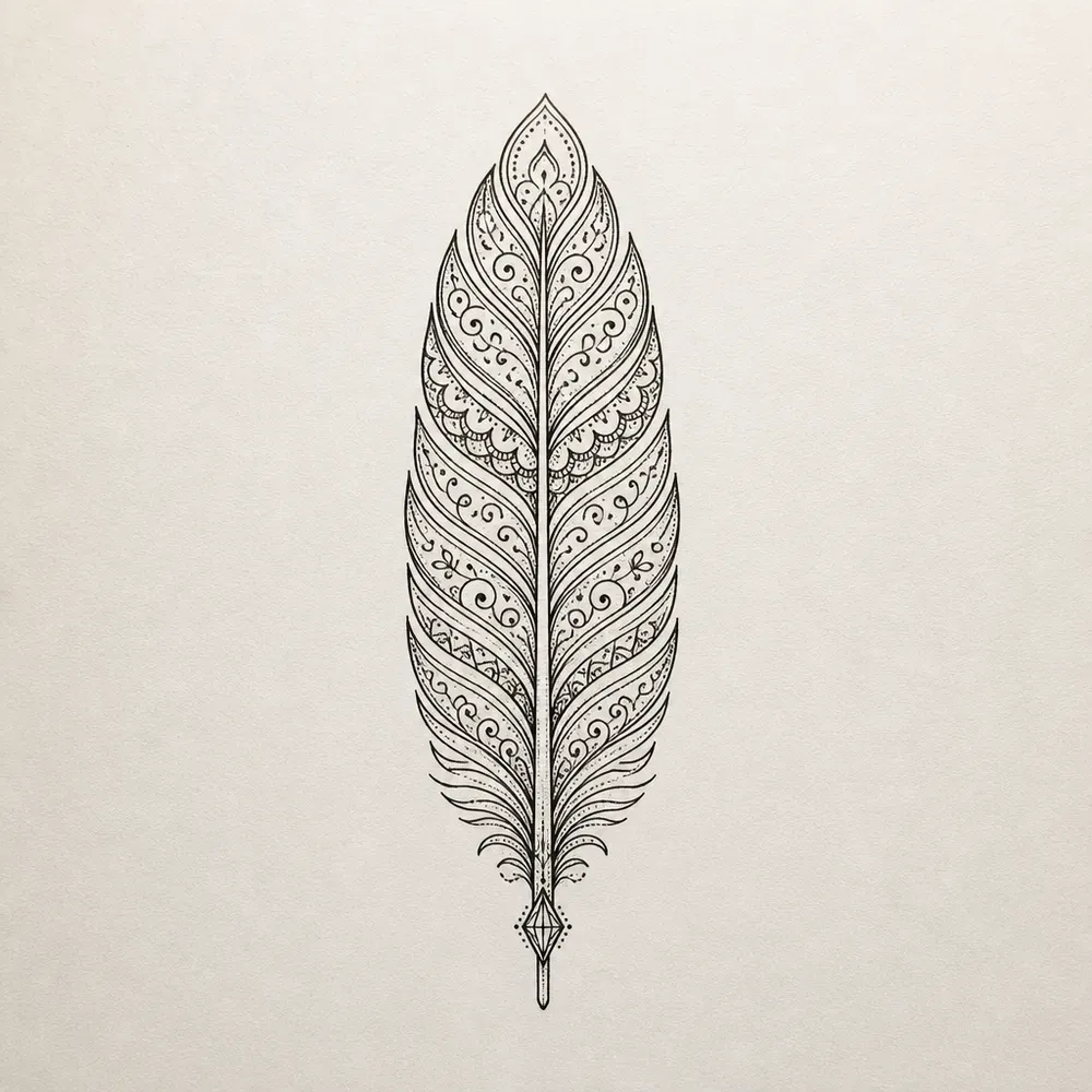 An upright symmetrical feather filled with mirrored lace scallops, filigree scrolls and dot rosettes, a small diamond gem at the base of the quill.