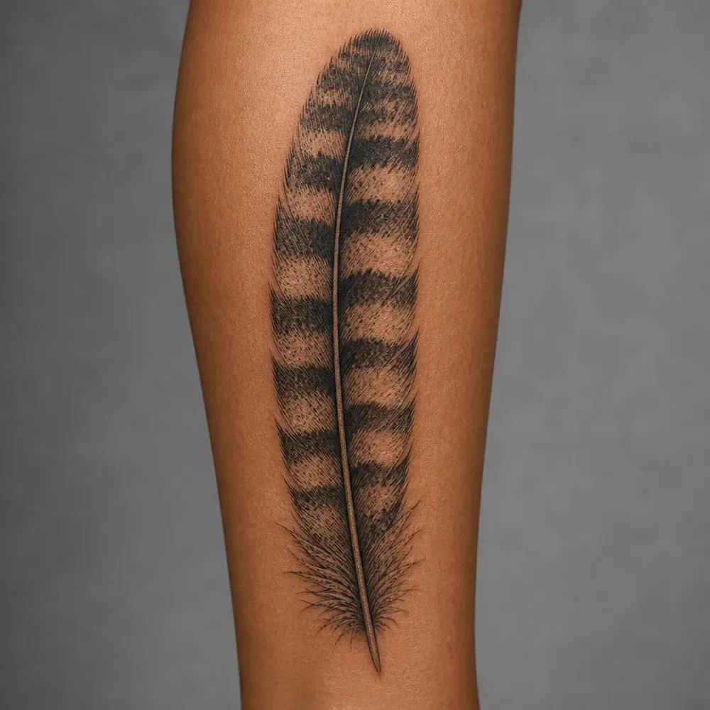 A broad owl feather with dark stippled bands tattooed lengthways down the calf on medium brown skin.