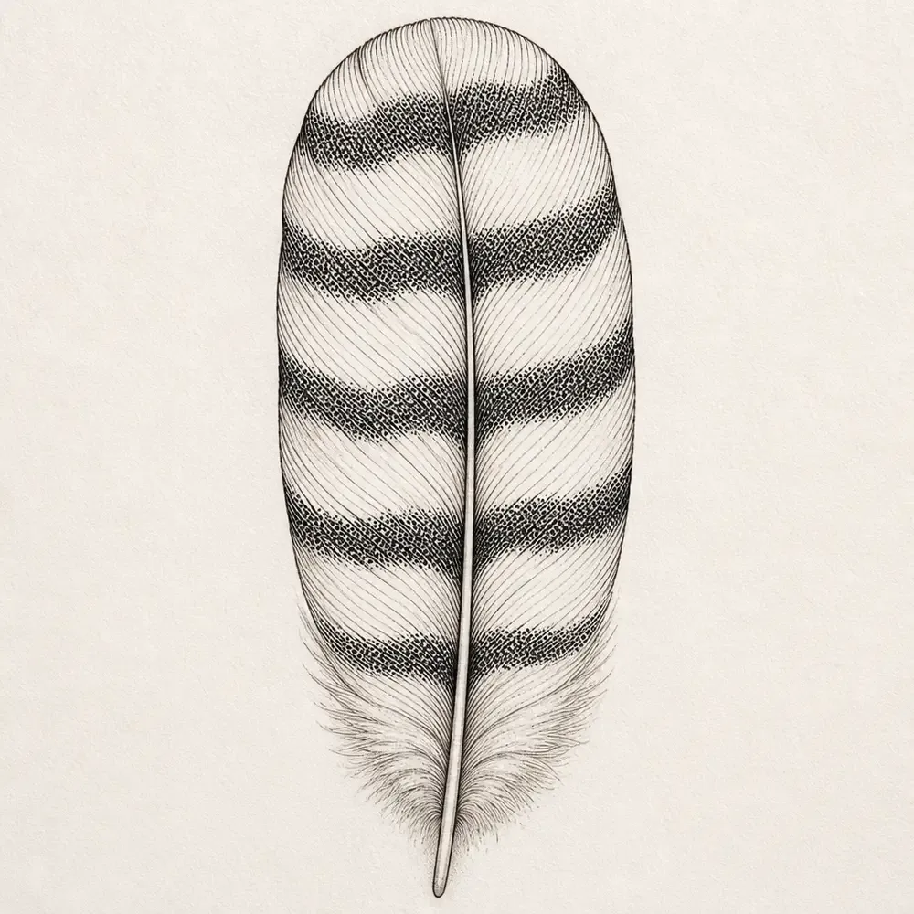 A broad round-tipped owl feather crossed by five dark stippled bands, with fine parallel barbs and soft down at the base.