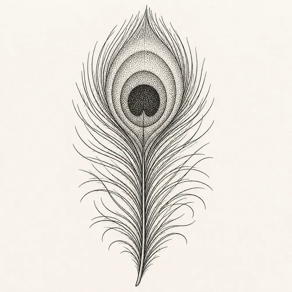 An upright peacock feather with a stippled eye of nested rings and a solid dark centre above long loose wispy barbs.