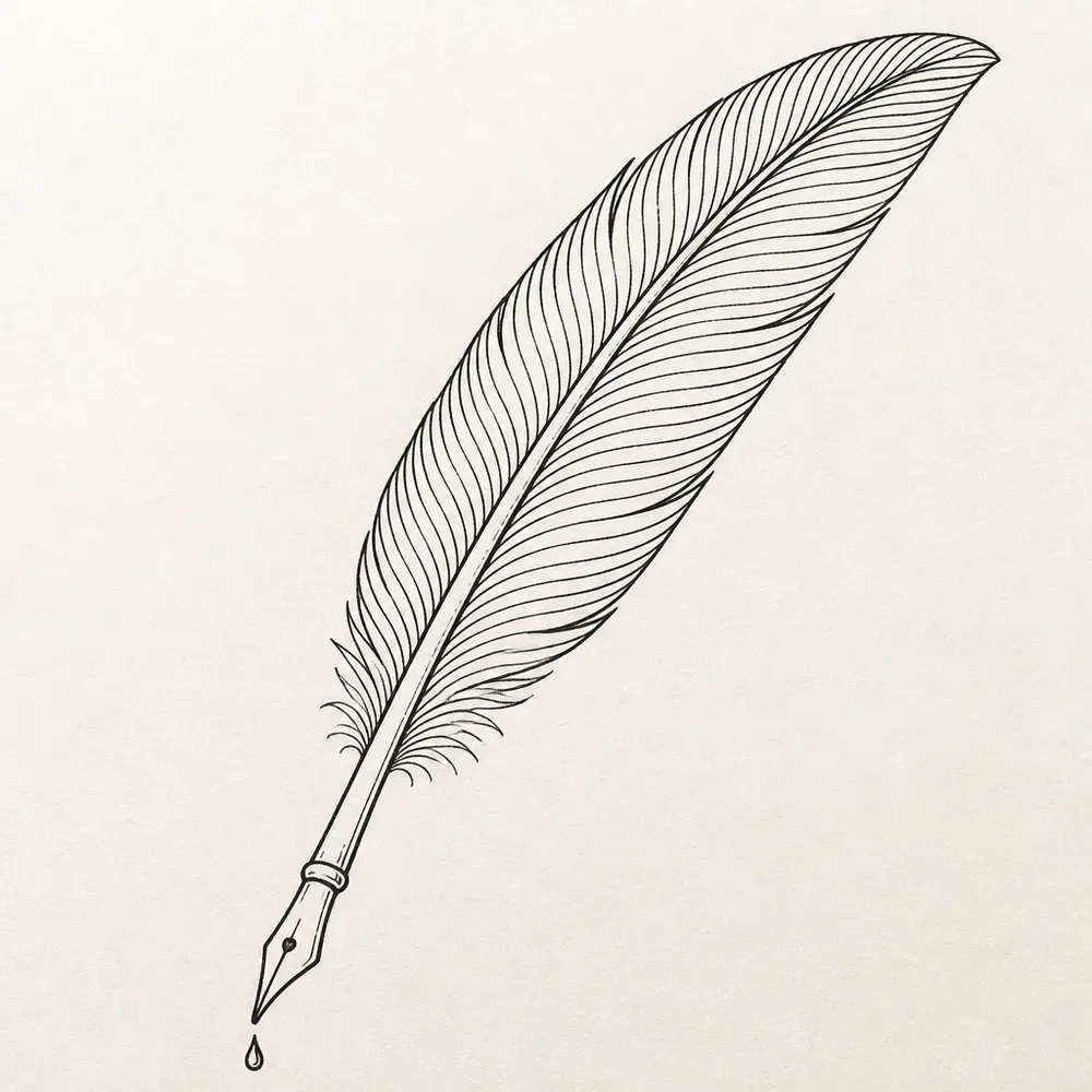A long curved quill feather on a diagonal ending in a metal pen nib, with a single ink drop falling from the point.