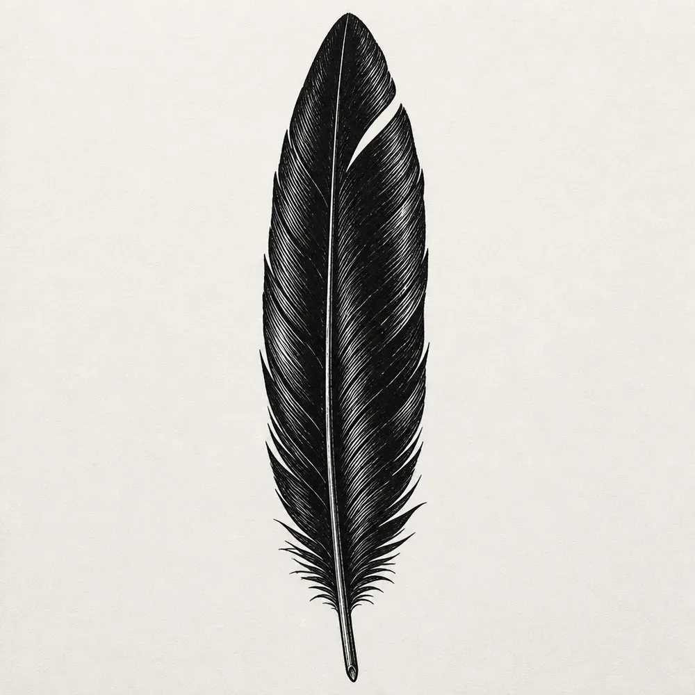 A narrow pointed raven feather in solid black with fine white strokes showing the sheen and one split in the vane near the tip.