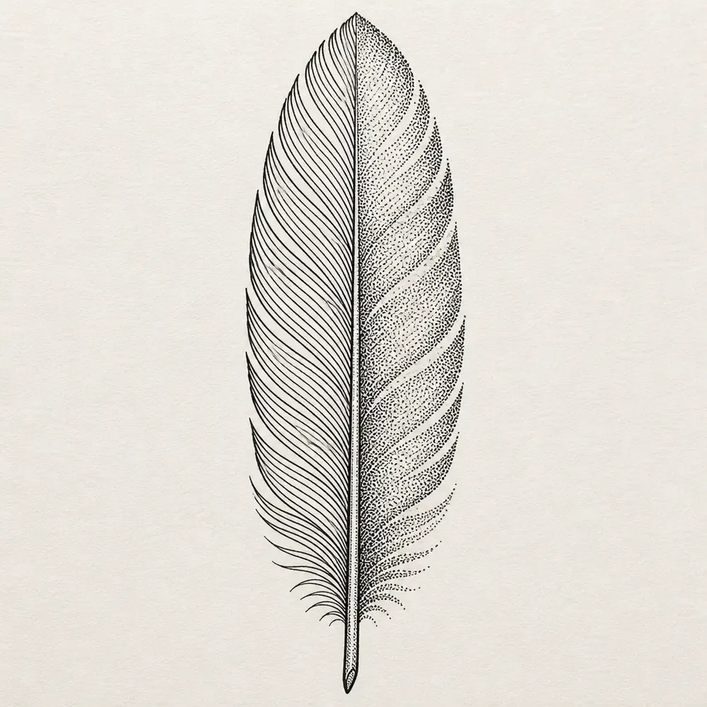 An upright feather split down the shaft, the left vane drawn in fine parallel lines and the right vane in black stippled dots.