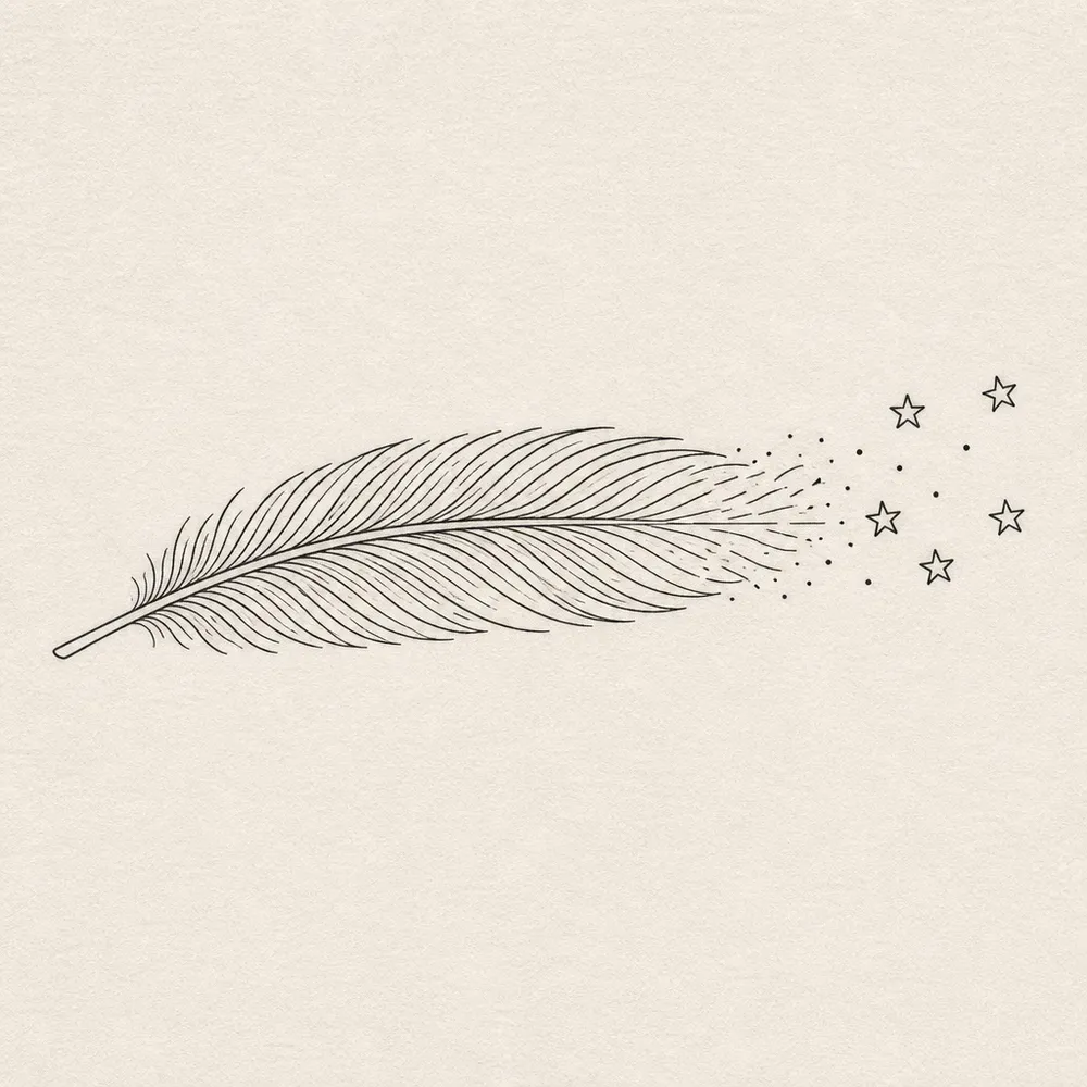A slim fine-line feather lying on its side, its tip scattering into small dots and five outlined five-pointed stars.