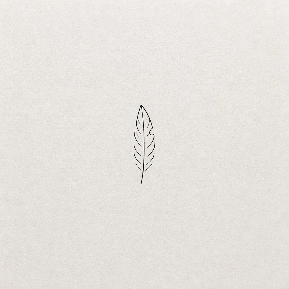 A very small minimalist feather in a few black strokes, a curved shaft with short barbs and a small notch in one edge.