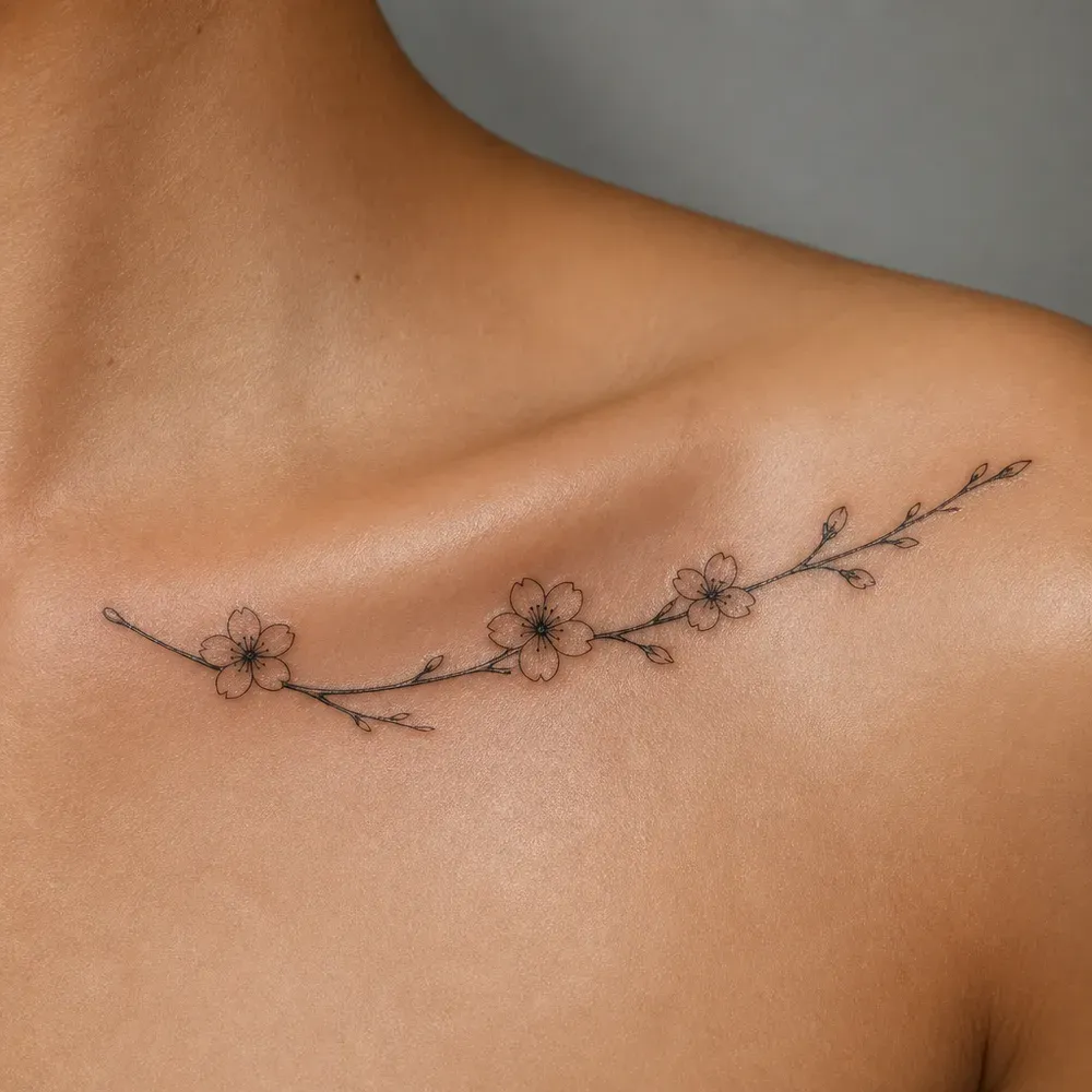 A thin cherry blossom branch with three small blossoms and buds tattooed along the collarbone of light tan skin.