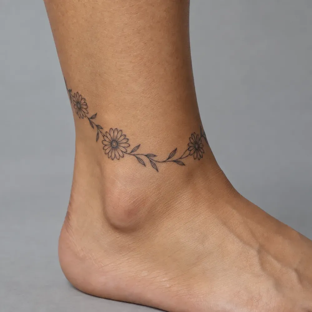 A chain of daisies tattooed around the ankle of olive skin.