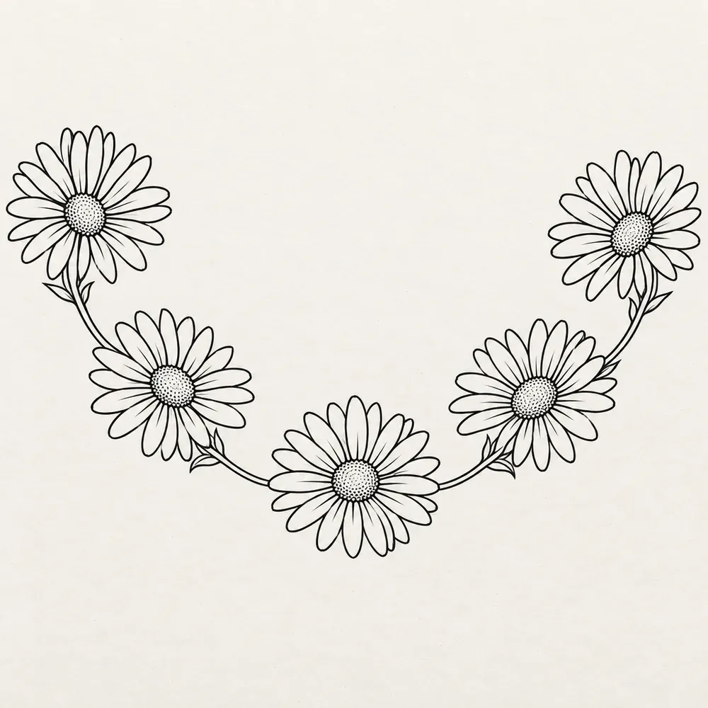 Five open daisies joined stem through stem into a gentle curve.