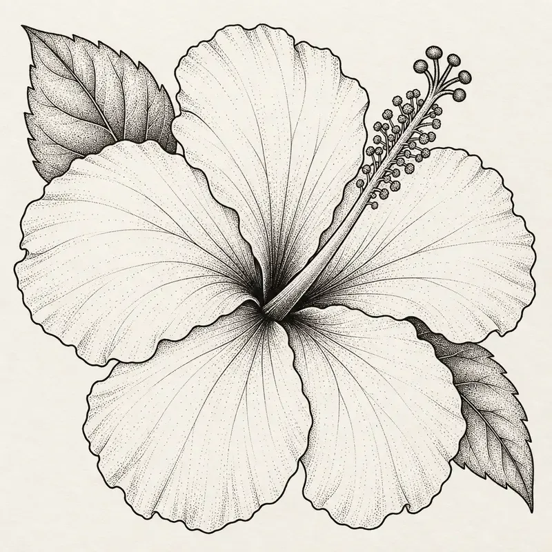 A hibiscus seen face on with five broad ruffled petals and a long stamen reaching out of the centre.
