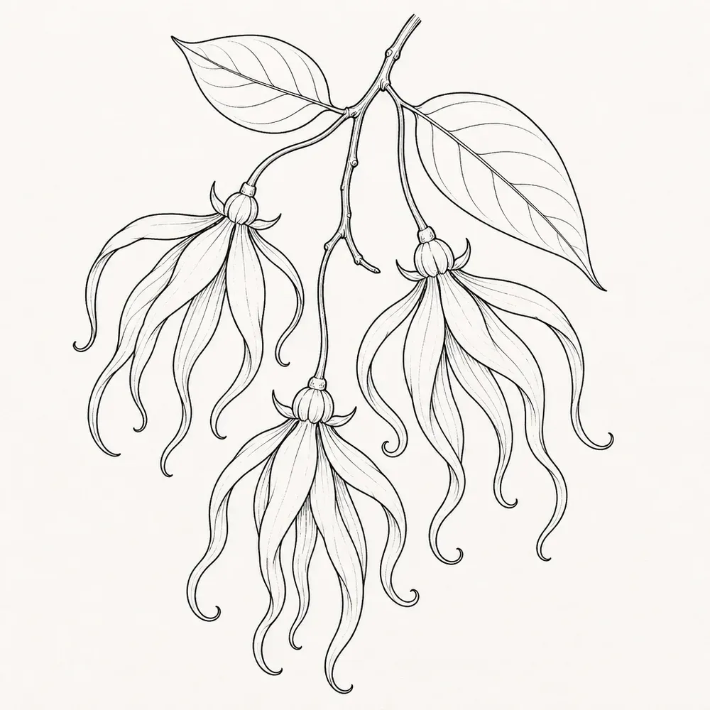 Three ilang-ilang flowers hanging from a forked branch, long narrow petals drooping and curling at the tips, with two pointed leaves above.