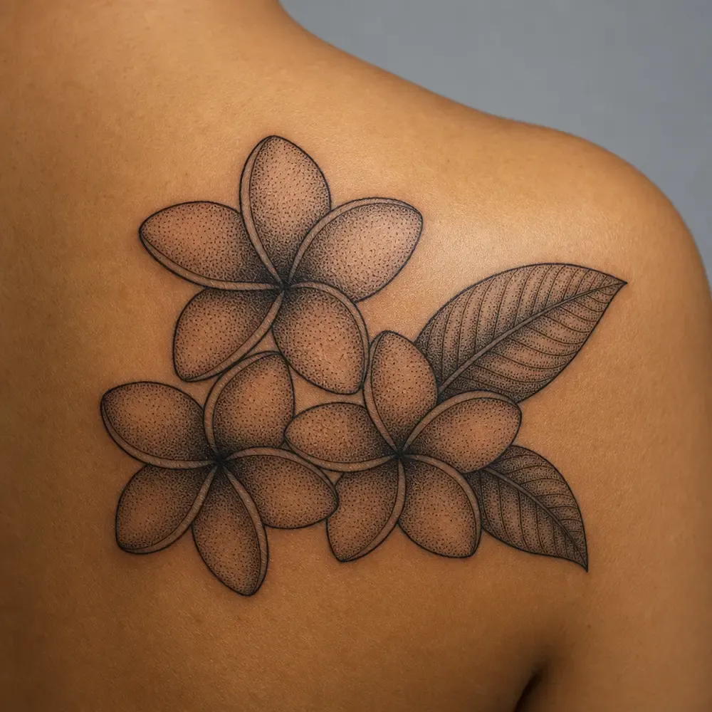Three stippled kalachuchi flowers with two veined leaves tattooed on the upper shoulder blade of warm olive-tan skin, seen from behind.