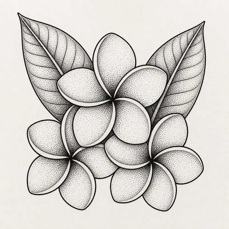 Three kalachuchi flowers with five rounded pinwheel petals each, stippled darker toward the centres, set against two large veined leaves.