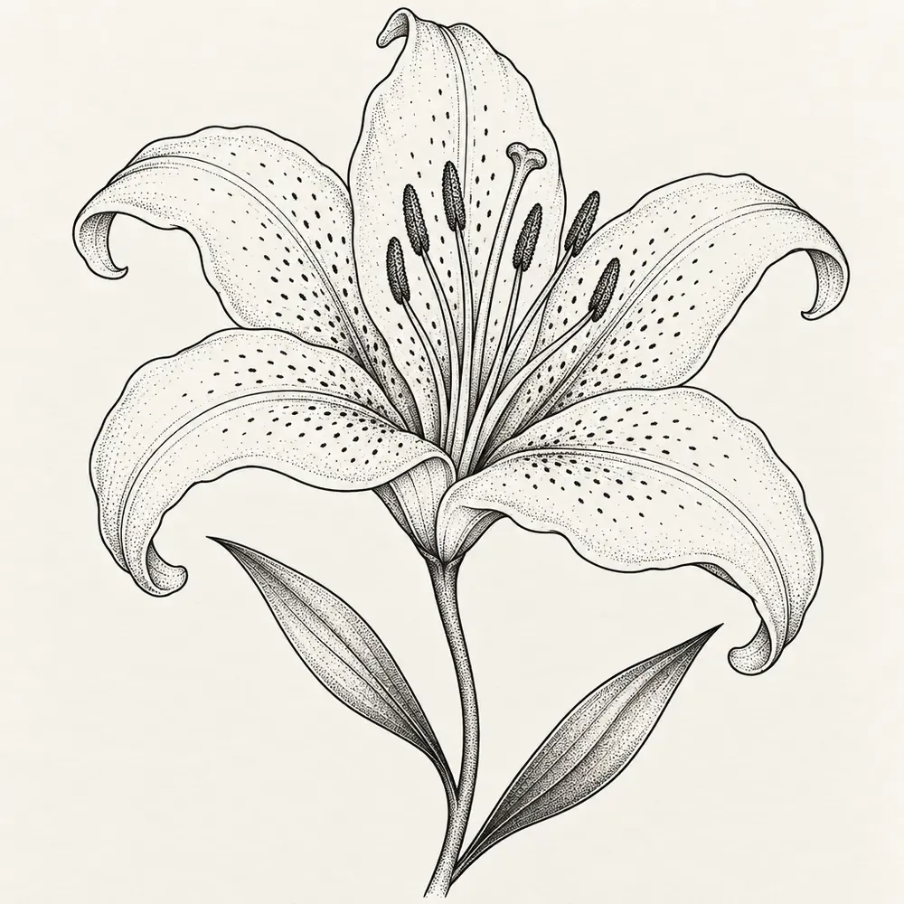 A lily with six pointed petals curling back and long stamens, on a stem with two narrow leaves.