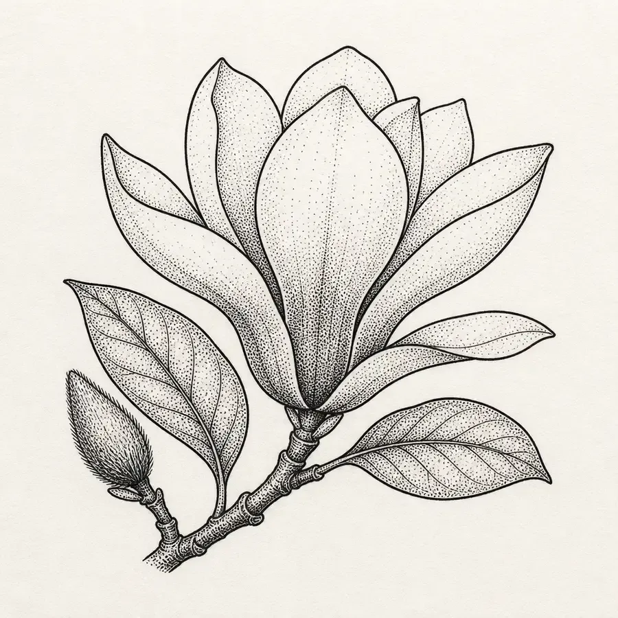 A magnolia opening upward from a knotted twig, stippled cupped petals, two veined leaves and one furry closed bud to the side.