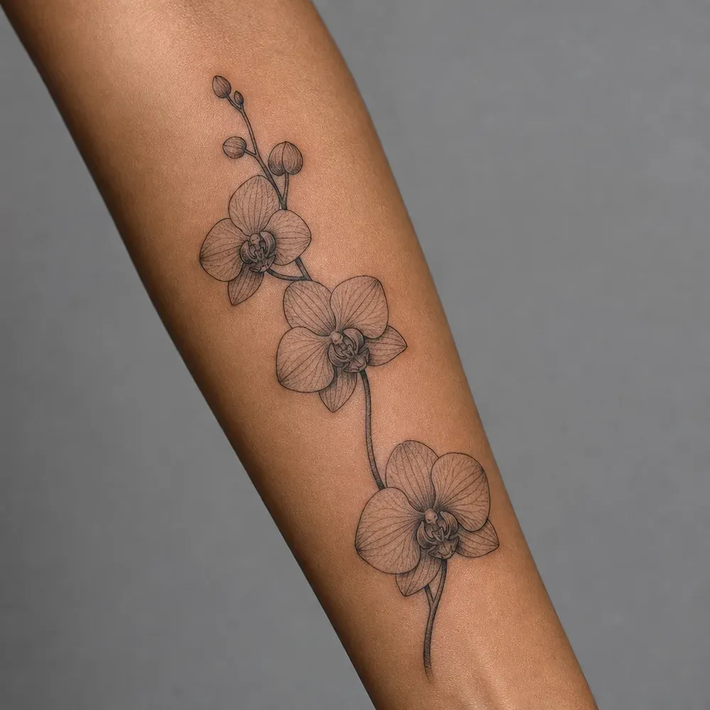 A fine-line orchid on a curving stem tattooed along the forearm of medium brown skin.