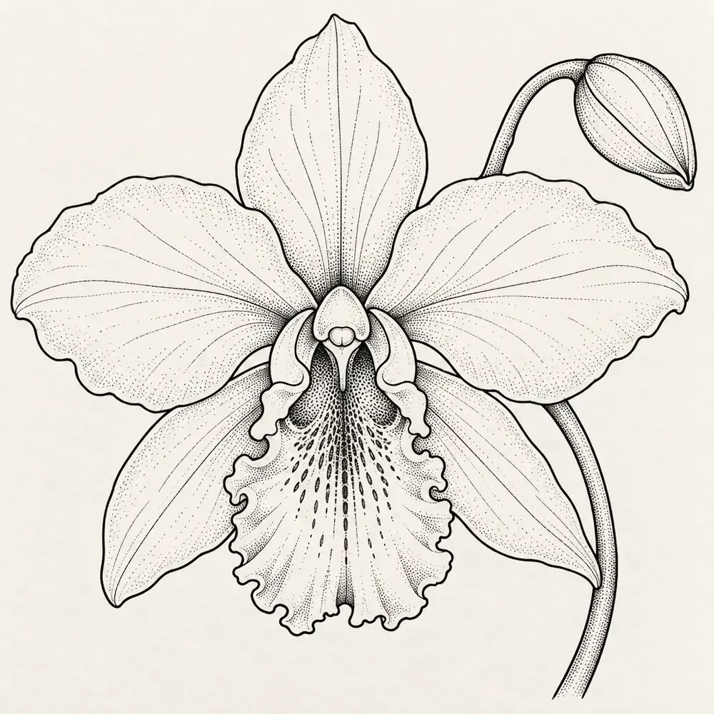 An orchid seen face on with broad upper petals and a frilled lower lip, on a curving stem with one bud.