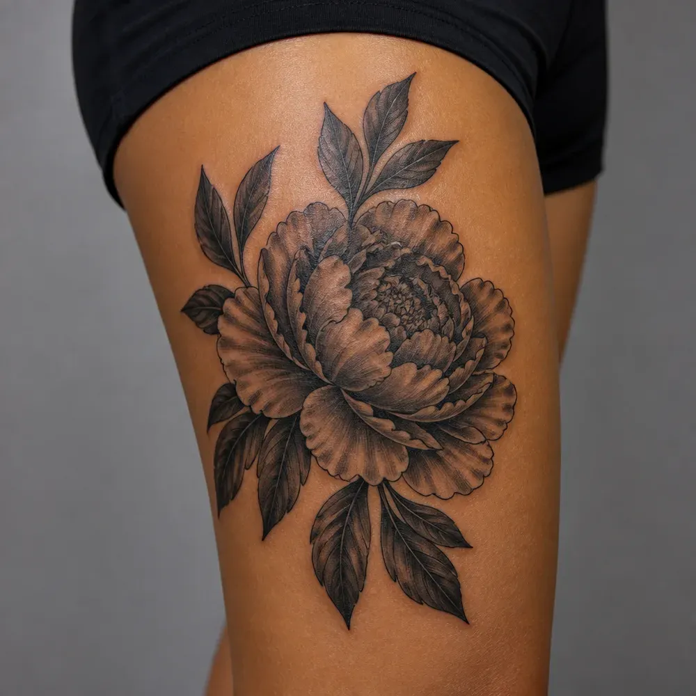 A large black peony with shaded ruffled petals and dark leaves tattooed on the thigh of medium brown skin.