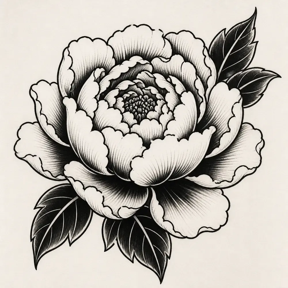 A peony in full bloom with layered ruffled petals, bold black outlines and solid black leaves tucked around the flower.