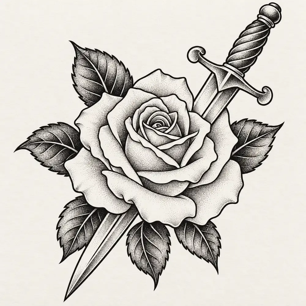 A rose in full bloom with a dagger lying diagonally behind it, blade pointing down past the leaves.