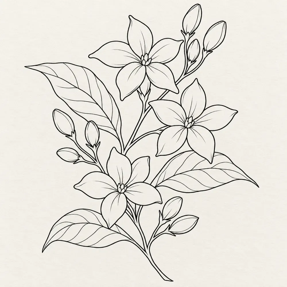 A sampaguita sprig, small pointed flowers and buds along a stem with oval leaves.