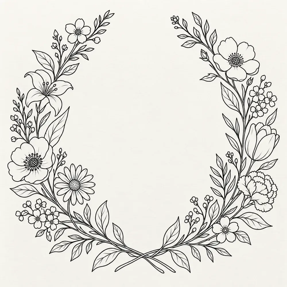 A circular wreath of small assorted flowers and leaves, left open at the top.