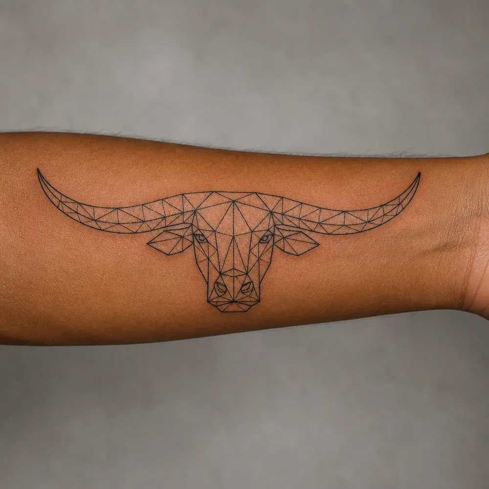 A fine-line geometric carabao head with long crescent horns tattooed across the inner forearm of warm brown skin.