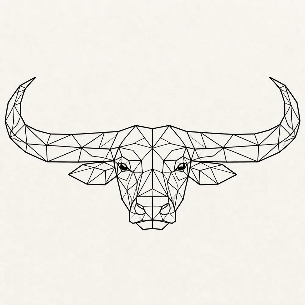 A carabao head seen from the front, drawn in straight black lines forming triangles, with wide crescent horns sweeping out to the sides.