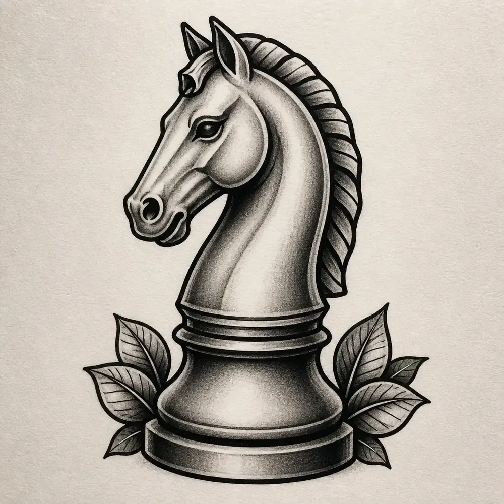 A chess knight piece in bold black outline with smooth grey shading, a carved horse head and mane on a round base with leaves either side.