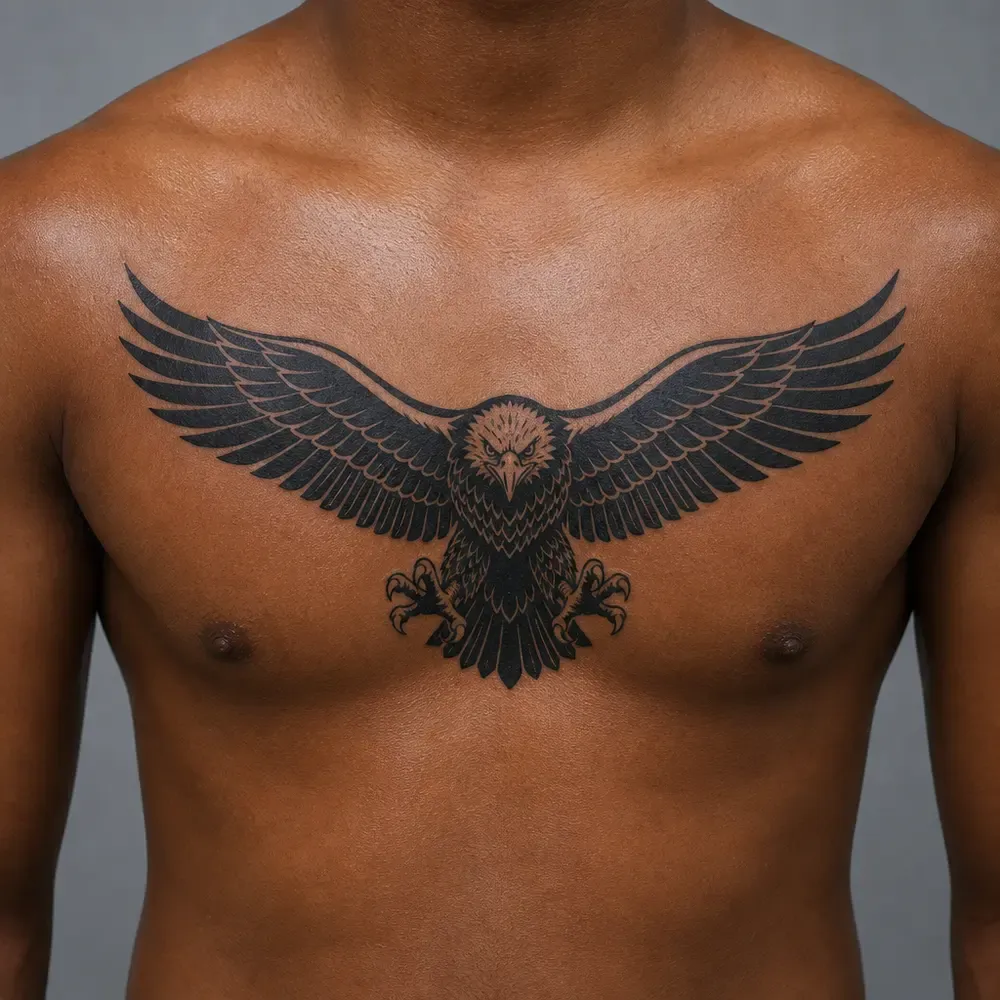 A black eagle with spread wings and talons out tattooed across the upper chest of deep brown skin, the wings stopping short of the shoulders.
