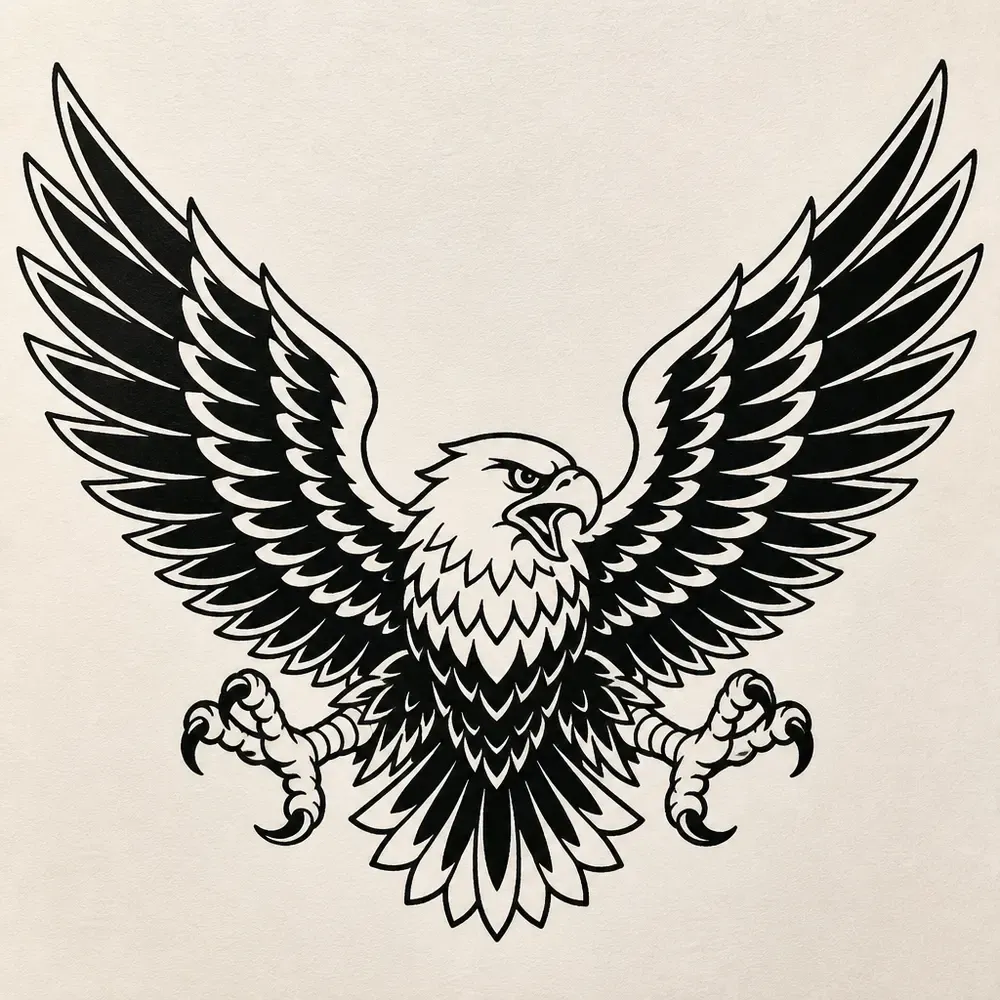A front-facing eagle with wings spread wide and talons out, in bold black outline with solid black fills in the feathers.