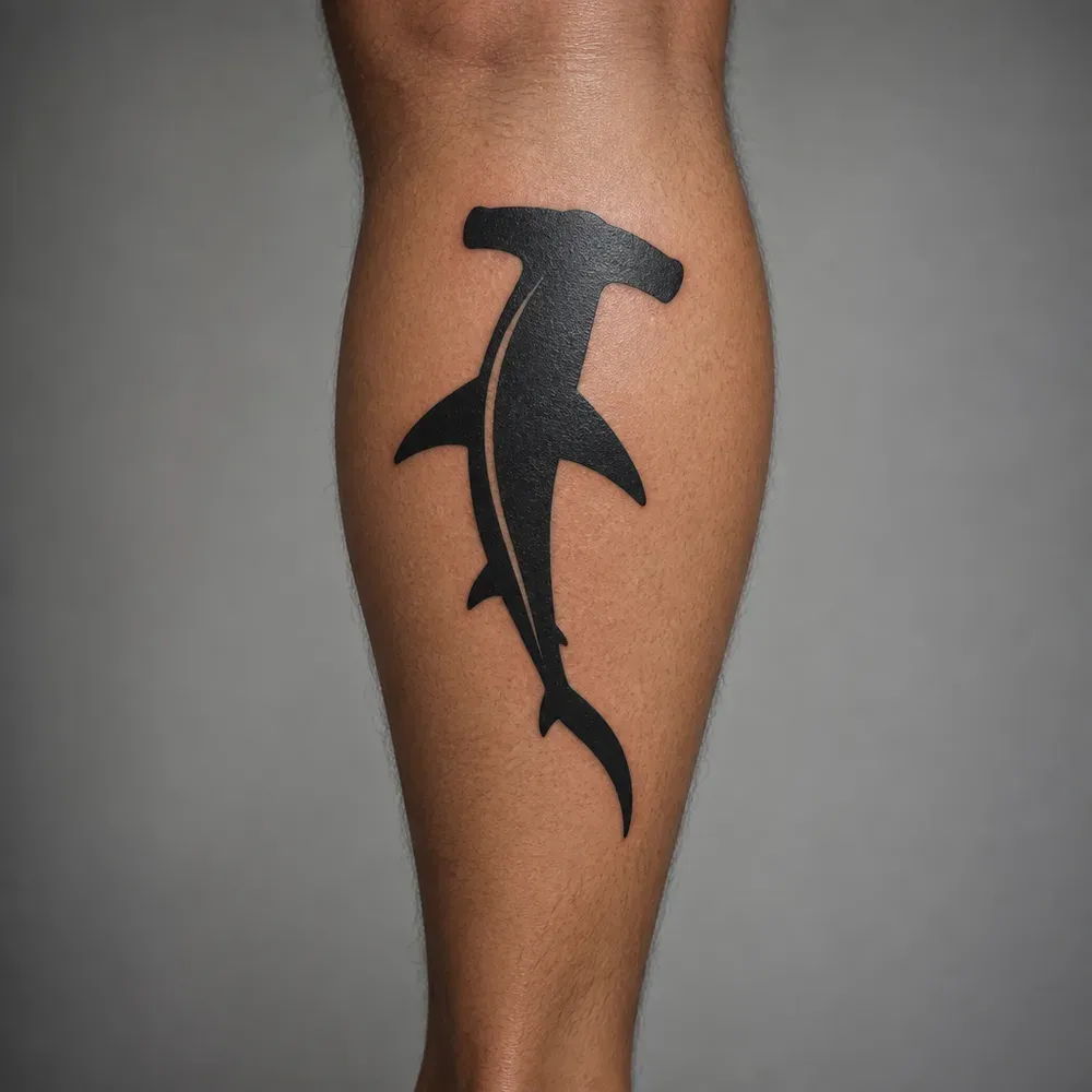A solid black hammerhead shark silhouette swimming upward, tattooed on the back of the calf of light warm tan skin.