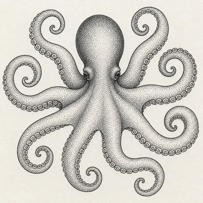 An octopus seen from above with eight arms curling out into spirals, stippled in black dots with rows of small round suckers.