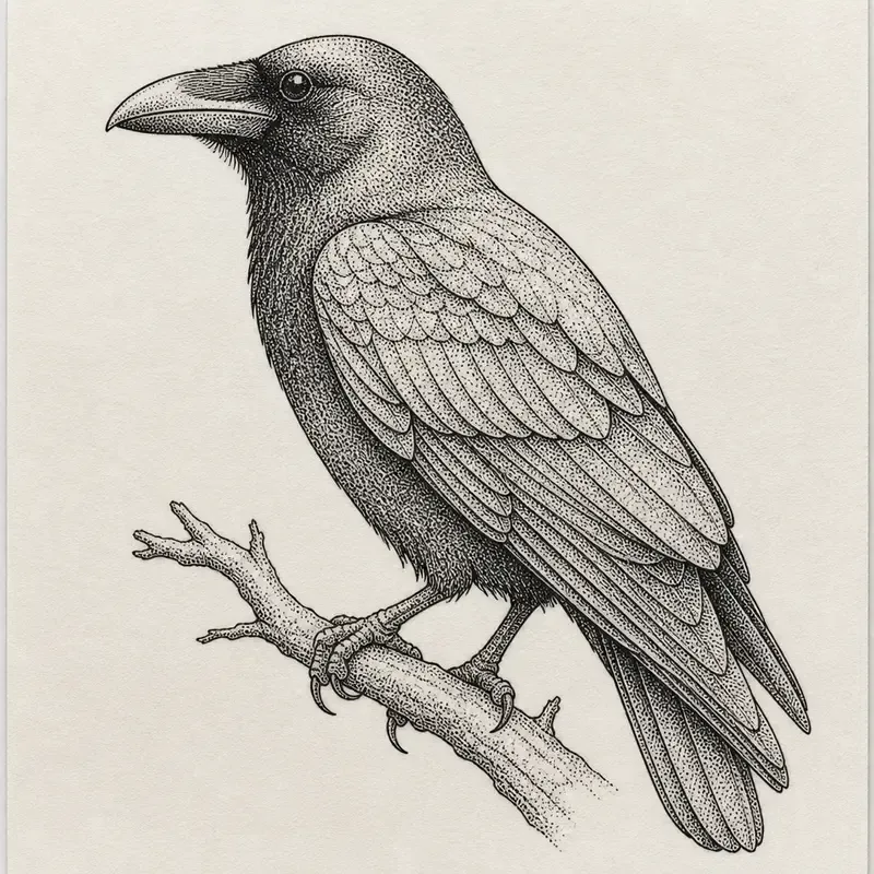 A raven perched on a bare branch in side view, its body and feathers built from black stippled dots with a fine outline.