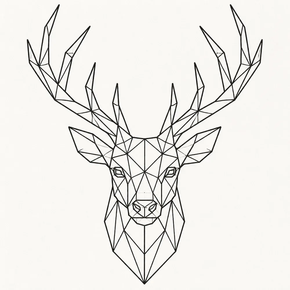 A stag's head seen from the front with tall branching antlers, drawn entirely in straight black lines forming triangles and polygons.