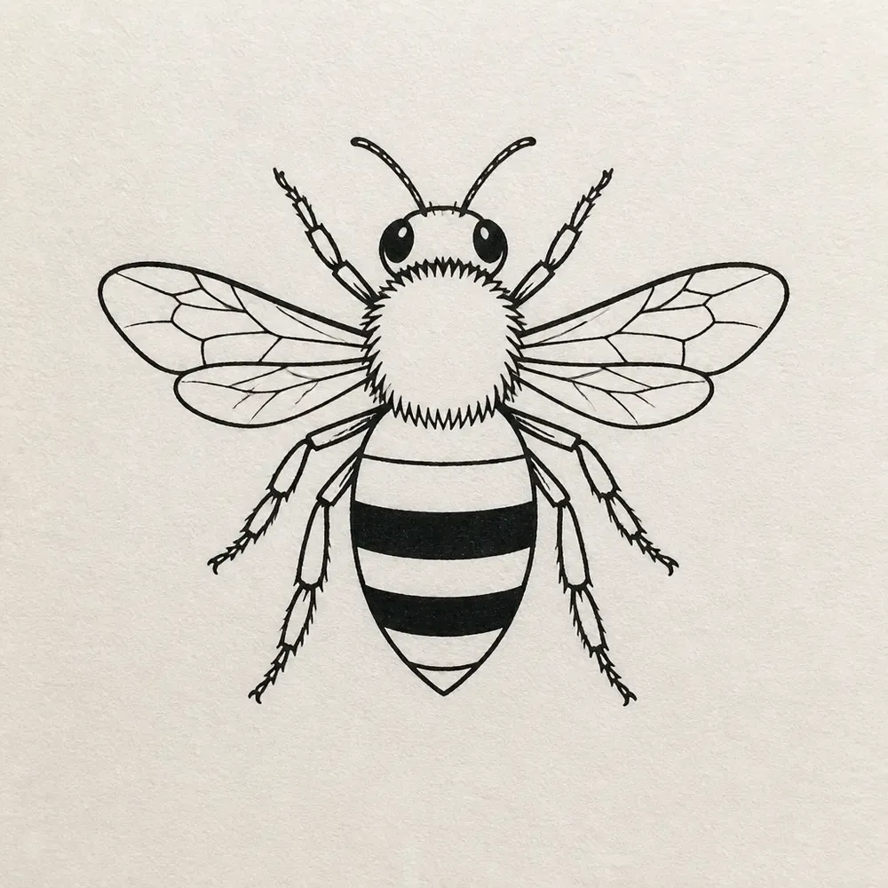 A honeybee seen from above with veined wings spread, a fuzzy thorax, six jointed legs and a body with solid black stripes.