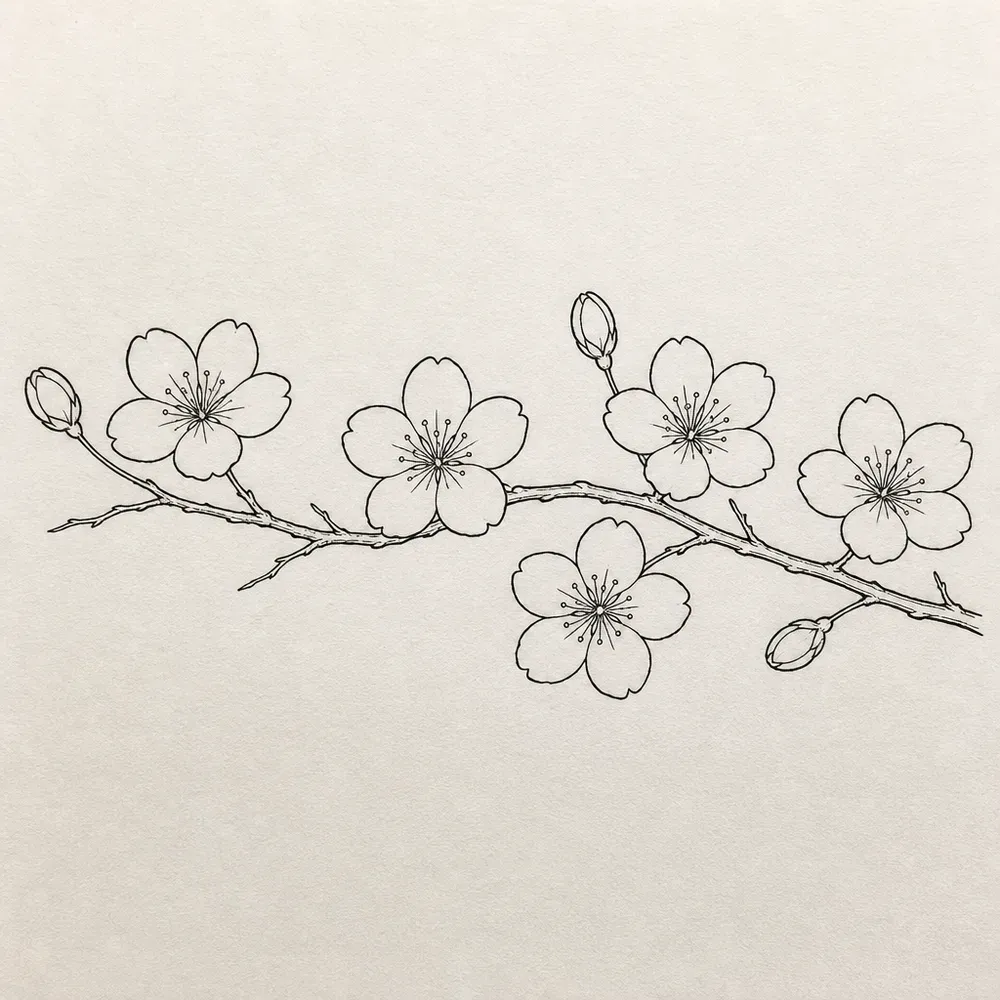 A horizontal cherry blossom branch with six open five-petal blossoms and three buds, in fine black outline.