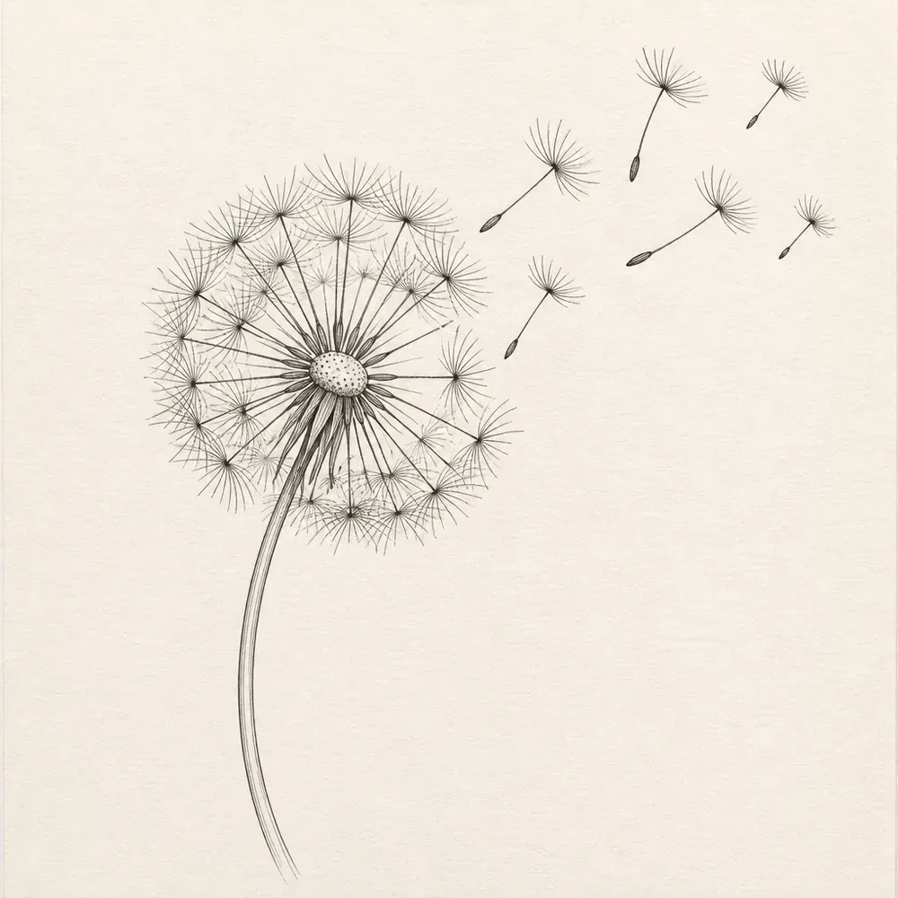 A dandelion seed head on a long curved stem, with loose seeds drifting away to the upper right, in fine black line.