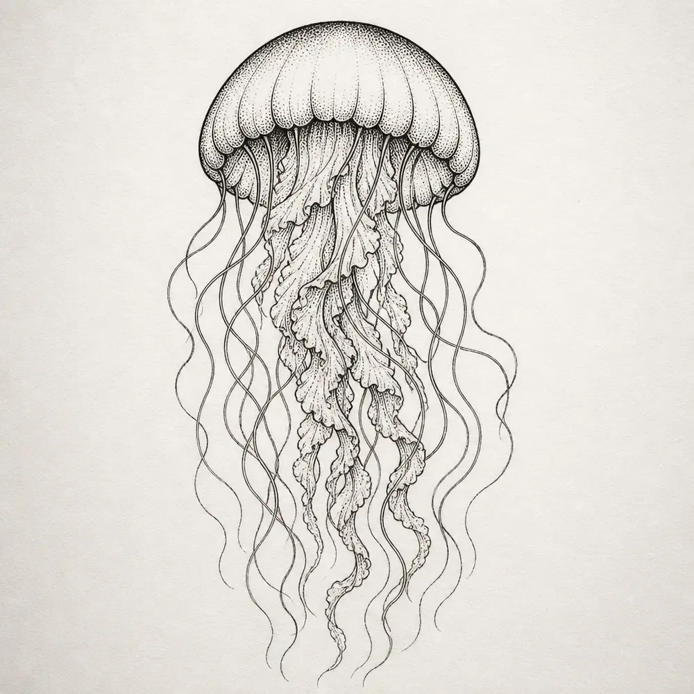 A jellyfish with a stipple-shaded domed bell and long wavy tentacles trailing around ruffled central arms, in black line.