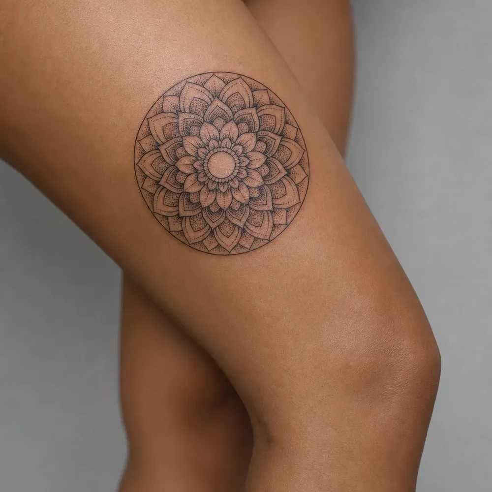 A round dotwork mandala of layered petals tattooed on the upper thigh of warm medium tan skin, the leg bent at the knee.