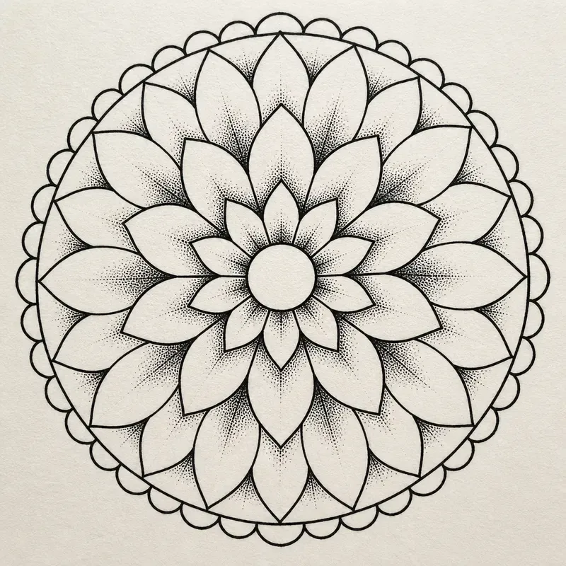 A round mandala of layered pointed petals around a plain centre circle, stippled at each petal base and ringed by scallops.