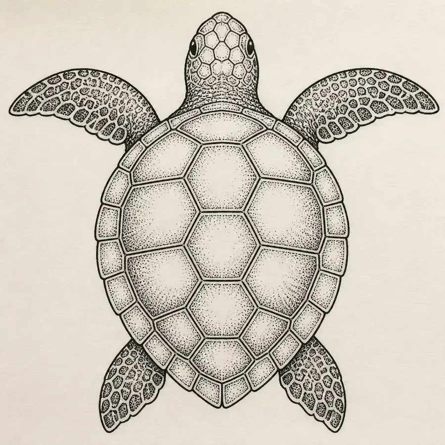 A sea turtle seen from above with four flippers spread and a shell of hexagonal plates, shaded in black stipple.