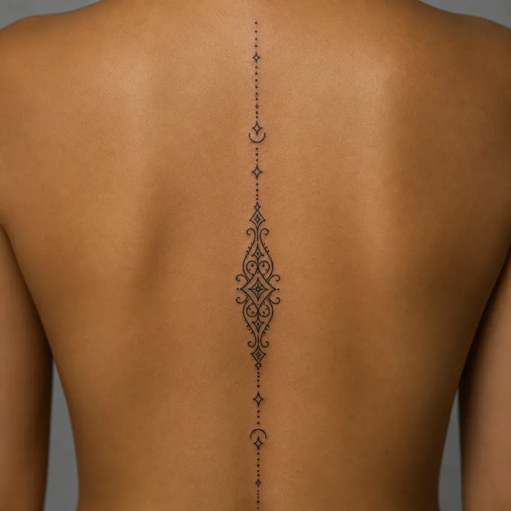 A narrow ornamental chain of dots, diamonds and crescents with a filigree centre tattooed down the spine on medium brown skin.