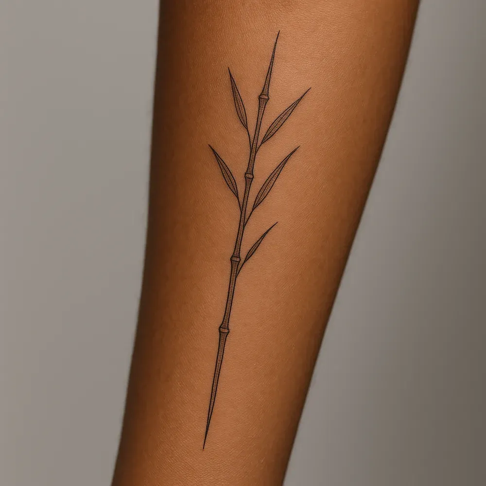 A thin fine-line bamboo stalk with slender leaves running lengthwise along a forearm with warm brown skin.