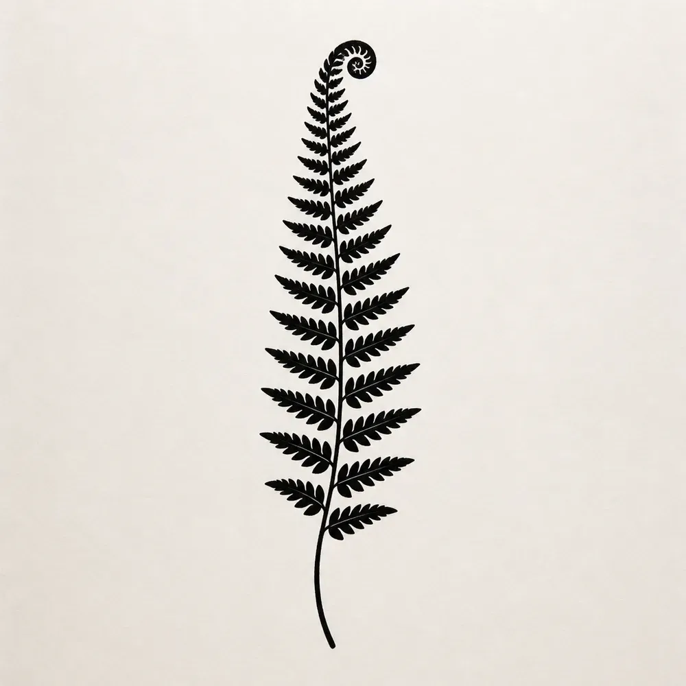 A tall fern frond in solid black, paired leaflets down a curving stem and a tight fiddlehead curl at the tip.