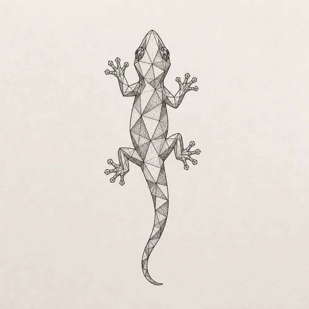 A gecko seen from above built from small stippled triangles, splayed toes and a long tail curving down.