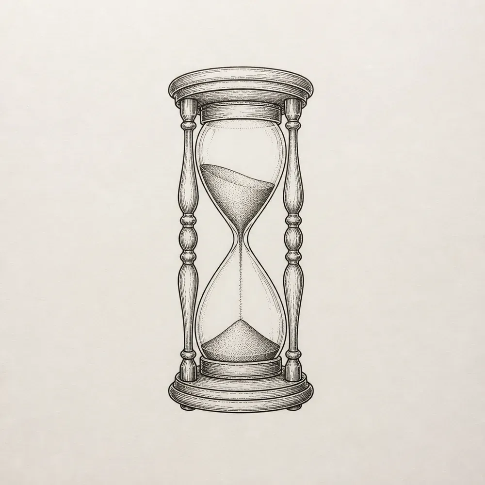 An hourglass in fine black line with turned wooden posts, sand stippled in both bulbs and a thin stream falling.