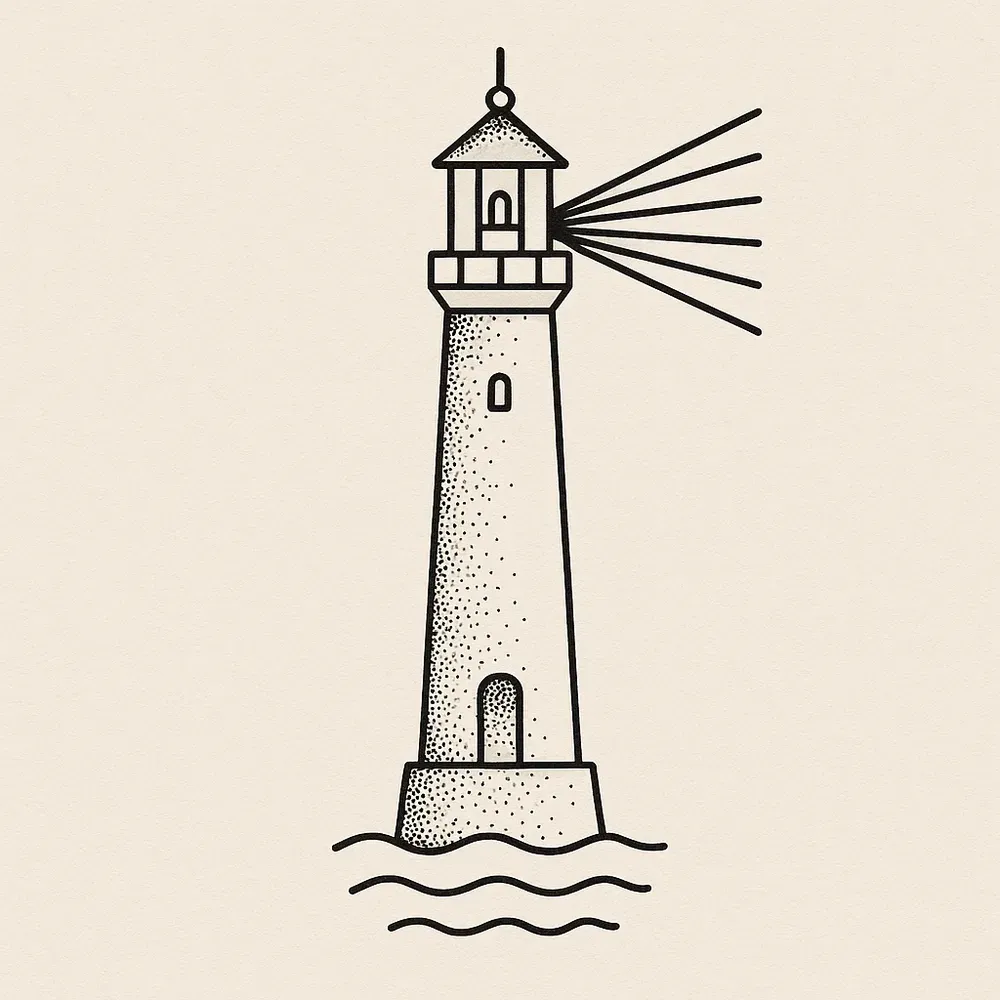 A stippled lighthouse on a rock with beams fanning out from the lamp room and wavy lines of sea at its base.