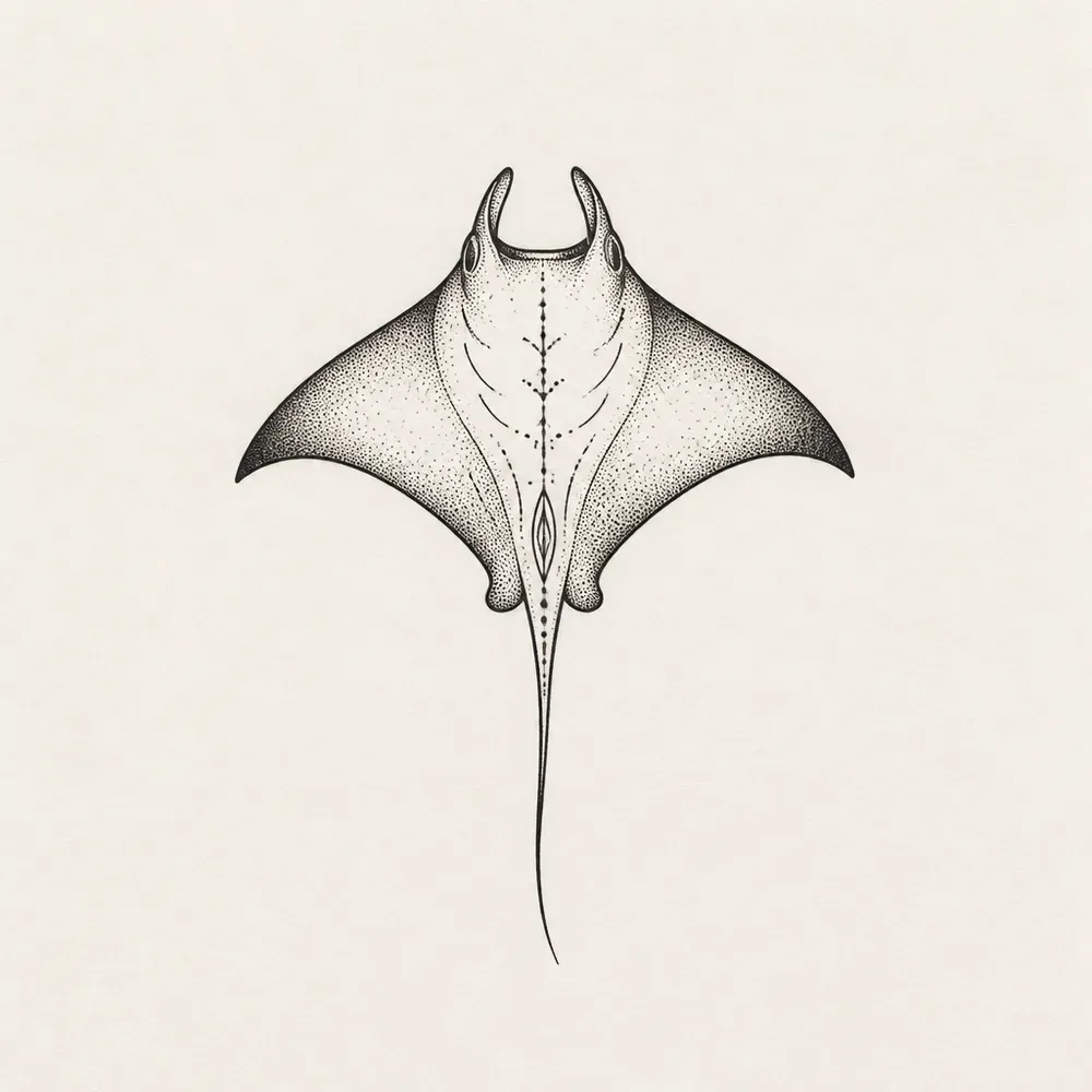 A manta ray seen from below in dotwork, wide wings shaded darker at the tips and a long thin tail trailing down.